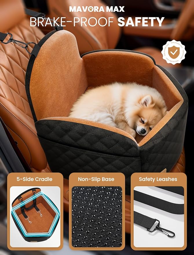 Dog Car Seat for Small/Medium Dogs, Elevated Dog Booster Seat Memory Foam Puppy Car Seat with Washable Cover, Travel Safety Pet Seat for Car with Storage Pockets Up to 35 lbs (Black/Brown)