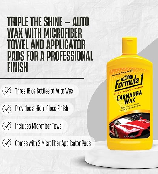 3x Carnauba Wax Liquid by Formula 1 16 oz Bundle with Microfiber Cloth & Microfiber Applicator Pads – Car Wax Polish Provides Cleaning, Protection, and Restoration for Vehicle – Gift Set (5 Items)