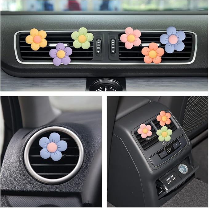 Cute Car Decor Interior Aesthetic Accessories for Women 6pcs Girly Flower Cars Air Freshener Vent Clips for Girls Pink/Purple/Blue/Green/Yellow Boho Scents Decorations Stuff Kawaii Christmas Gifts