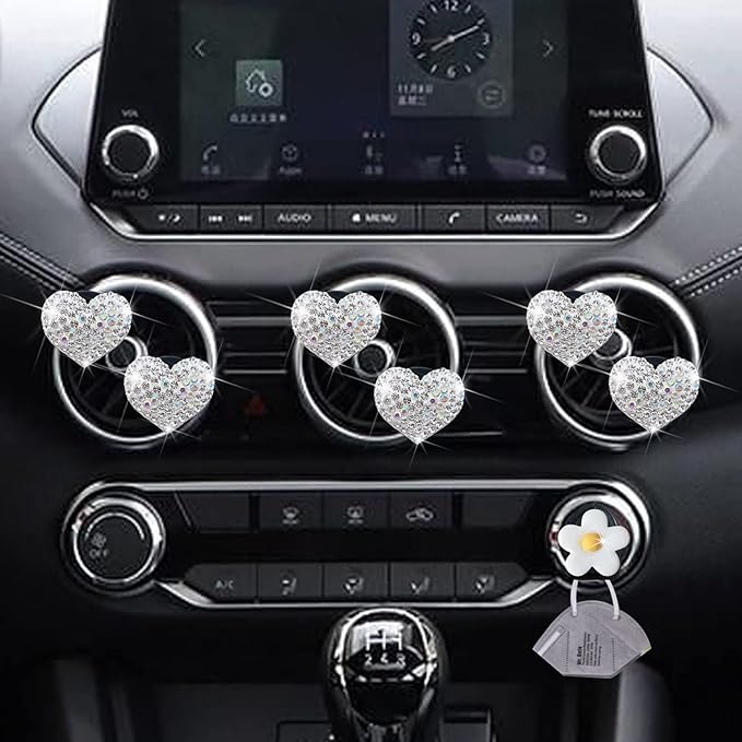 Bling Heart Air Vent Clips, 6 Pcs Silver Heart Cars Air Fresheners Vent Clips Car Diffuser Vent Clip Diamond Car Decoration Cars Interior Decor Cute Car Accessories for Women Girls + Flower Mask Hook