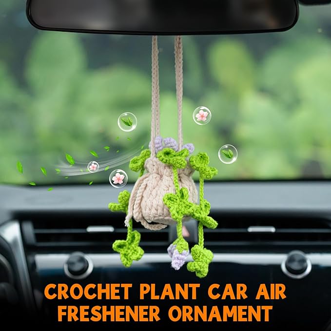 Crochet Plant Car Air Freshener, Cute Car Rearview Mirror Decor Hanging Ornament, Purple Flowers Knitted Handmade Auto Interior Accessories for Women (Purple Flowers)
