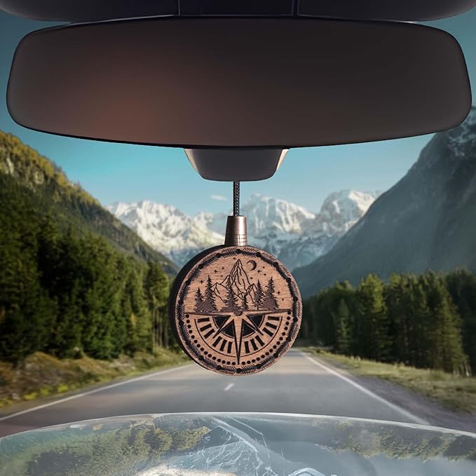 Wood Car Air Freshener — Compass Mountains — Handmade Unscented DIY Essential Oil Hanging Diffuser with Felt Insert — Add Your Own Oils — Refillable — Car/Truck/SUV — Cardboard Box