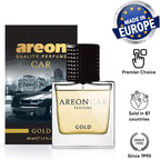 AREON Car Perfume Gold - Air Freshener in Glass Bottle - Luxury Odor Eliminator Spray with Absorber Hanging Pad - Unique Fragrance & Long-Lasting Aroma for Vehicle, Office, Home - Made in Europe, 50ml
