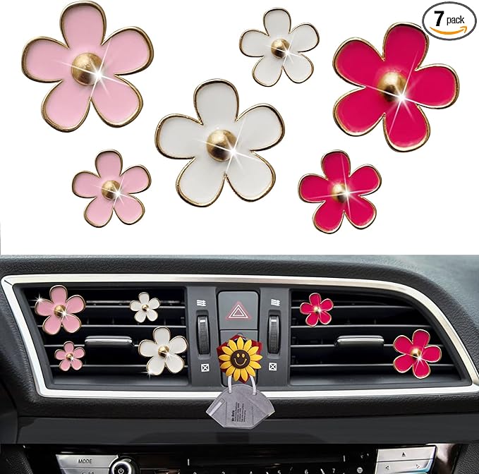 Daisy Air Vent Clips - 6 Pcs Cute Flower Car Diffusers + Mask Hook (Mixed Color)