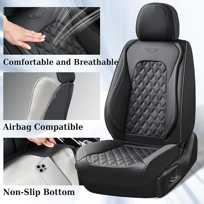 Coverado Front Seat Covers, Waterproof Nappa Leather Anti-Scratch Protectors, Universal Fit for Sedans, SUVs, Pickups, Car Accessories, Waterproof Seat Covers-Black