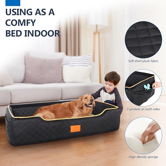 Large Dog Car Seat for Dods Under 100 Lbs, Memory Foam Dog Car Bed for Backseat & Trunk, Detachable and Washable Cover, Pet Travel Seat with Storage Pockets, 2 Safety Belts