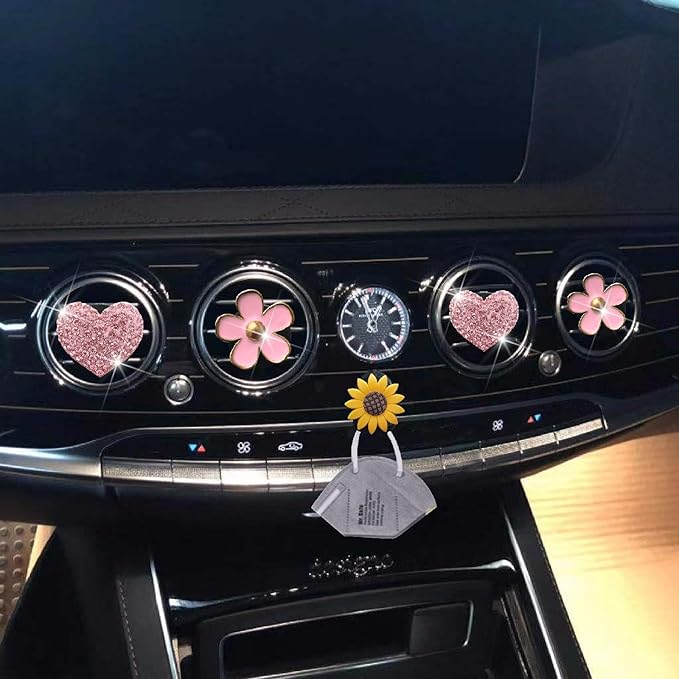 4 Pcs Pink Heart & Flower Pandent Air Vent Clips,Bling Heart and Flower Air Fresheners Vents Clips Diamond Car Interior Decor Bling Cute Car Accessories Decoration for Women+ Sunflower Mask Hook