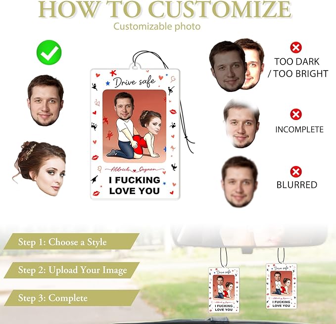 Personalized Valentine's Day Car Air Freshener with Pictures, I Love You, Drive Safe, Fun Couple Gift, Hanging 2Pack