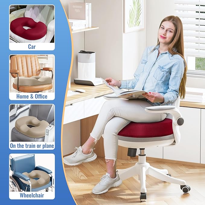 CloudBliss Donut Pillow Seat Cushion Chair Pad for Tailbone Pain Relief and Hemorrhoids, Memory Foam Seat Chair Cushion for Men and Women for Home & Office, (Red-2XL)