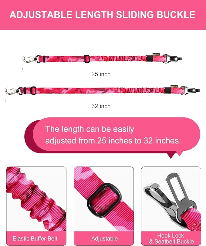 Hotsky Dog Seat Belt, Adjustable Safety Seatbelt 3-in-1 Car Harness for Dogs in Car Nylon Elastic Bungee Buffer Tether with Clip Hook Latch Buckle Swivel Zinc Alloy Carabiner(Hotpink Camo)