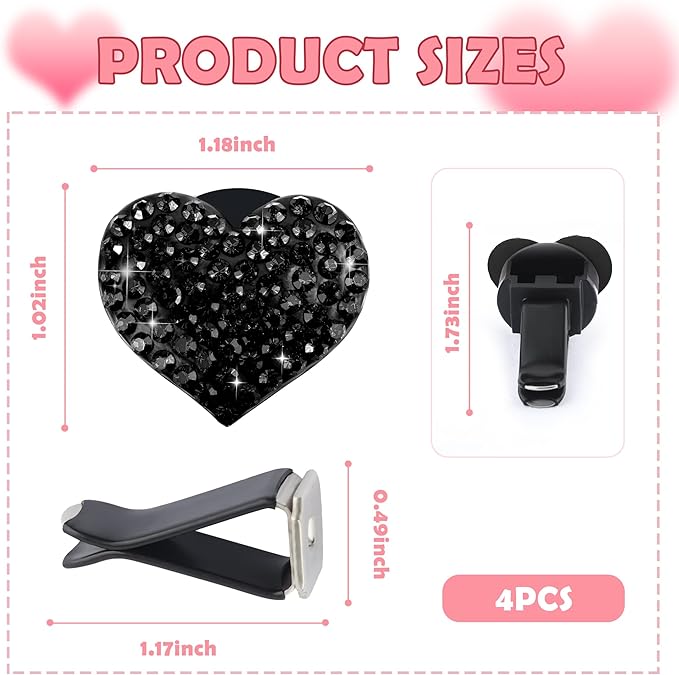 4PCS Heart-Shaped Car Vent Clips with Rhinestone,Bling Air Vent Clips Car Decorations,Premium Shiny Car Clips for Vents Accessories Interior (Black)
