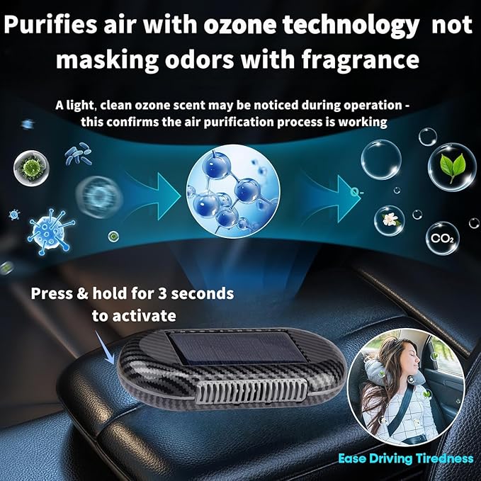 Solar-Powered Car Air Purifier with USB Charging & Ozone Odor Elimination - Portable HEPA Filter-Free Ionizer for Pet Odors, VOCs - Compact, Silent, Best for Car Use (8820 carbon fiber)