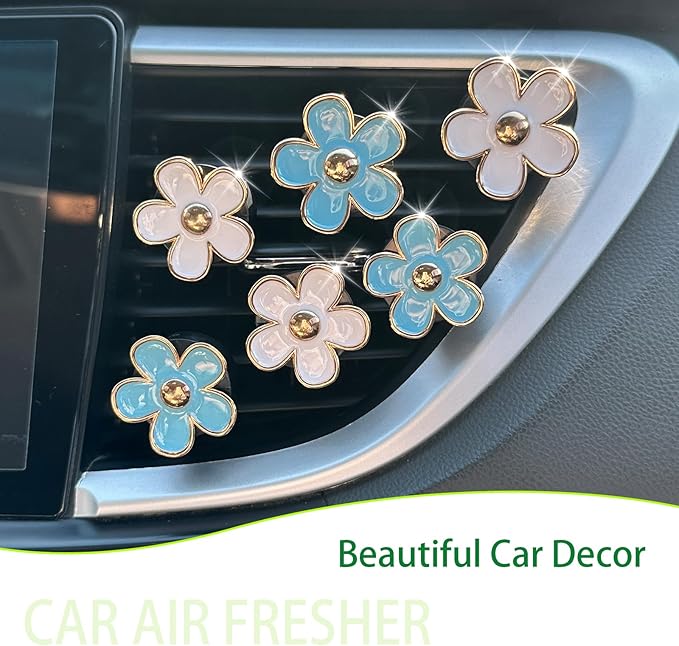 6pcs Flowers Car Air Freshener Vent Clips Blue White Daisy Flowers Air Vent Clip Car Accessories for Women 3.3cm/3cm Refillable Daisy Decor Diffuser