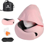 Travel Pillow - Hooded Neck Pillow Airplane Memory Foam Filling for Plane, Office, Cars Sleeping, Road Trip, Long Flights, Portable Plane Accessories, Includes Eye Mask & Earplugs (Pink)