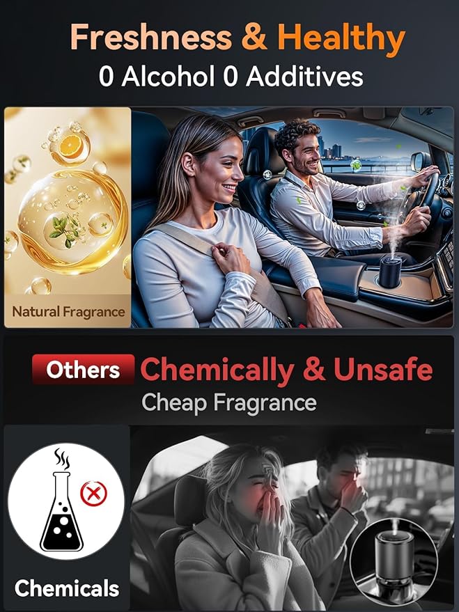 Ceeniu Smart Car Air Fresheners, New smell experience by Ultrasonic mist, Auto On/Off, Powerful Built-in Battery, Long lasting natural fragrance, Adjustable car freshener, Bamboo scent