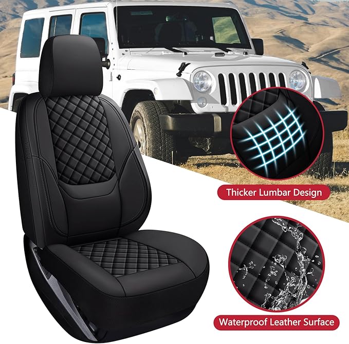 Wrangler Seat Covers 2007-2026 Front Pair, Waterproof Leather Interior Sets with Lumbar Support Custom Fit for Jeep Wrangler JK JL 2/4 Door Unlimited Sahara/Sport/Rubicon X 392 Willys, Black