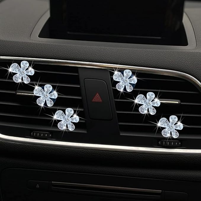 6 Pcs Black Daisy Air Vent Clips, Cute Flower Car Air Fresheners Vents Clips Diamond Vent Clip Car Interior Decor Charm Bling Accessories Decoration for Women (silvery, 2)