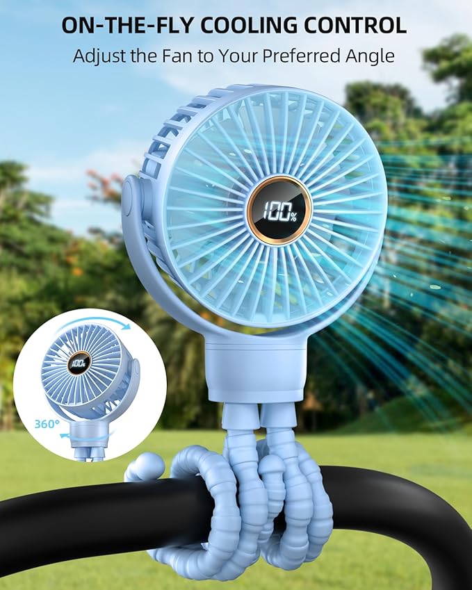 Portable Stroller Mini Fan, Small Rechargeable Personal Fan, Travel Essentials for Baby, Wagon, Car Seat, Treadmill, Battery Powered Biking Gear Accessories, 360° Rotation, 3-Speed, Display