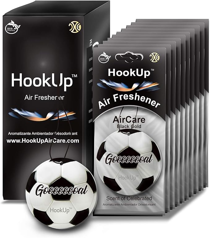Soccer Car Air Freshener by HookUp - 10 Pack - Black Gold Scent (Extra Strong) | Unique Soccer Gift for Players, Coach, Fans | Hanging Car Accessory with Long Lasting Fresheners Smell