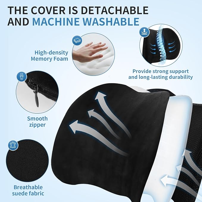Lumbar Support Pillow for Car, Memory Foam Back Support Lumbar Pillow for Car, Gaming, Office Chair, Ergonomic for Lower Back Pain Relief, Comfortable and Soft Fabric, Black
