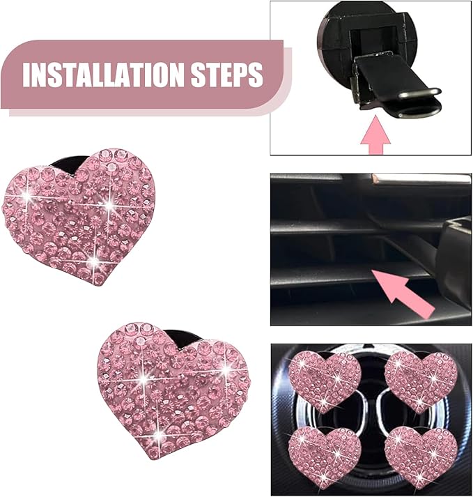 4PCS Bling Heart Air Vent Clips, Car Air Fresheners Vents Clips, Crystal Rhinestone Air Conditioning Outlet Clip, Cute Car Accessories for Women (Pink)