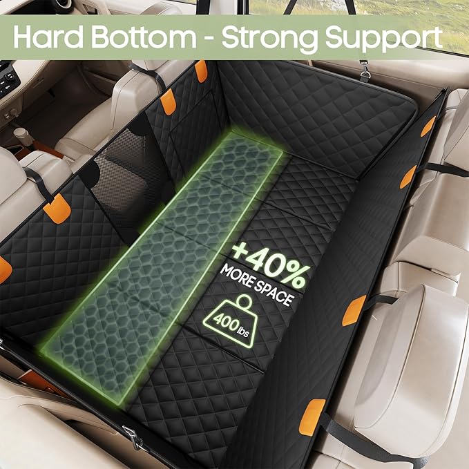 Dog Car Seat Cover for Back Seat, Hard Bottom Back Seat Extender Supports 400lbs, Waterproof Rear Seat Pet Cover, Dog Hammock with Mesh Window for Car SUV and Trucks