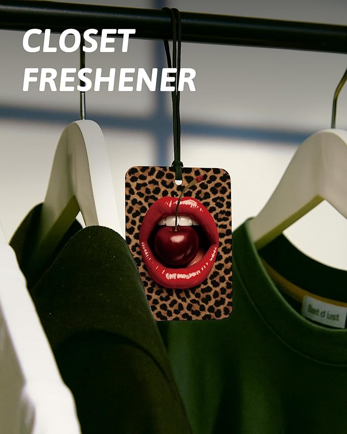 Retro Black Cheetah Car Air Freshener 4 Pcs, Funky Retro Leopard Print 8 Ball Red Lips Cherry Hanging Air Freshener for Cars Closet Drawer Books, Girly Car Accessories Mirror Decor for Women