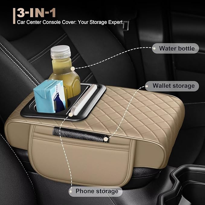 Center Console Cover Fit for Corolla Faux Leather Car Armrest Cushion with Storage Bags, Cup Holder ＆ Phone Storage Multifunctional Middle Console Cover(Beige)