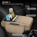 Center Console Cover Fit for Land Cruiser Faux Leather Car Armrest Cushion with Storage Bags, Cup Holder ＆ Phone Storage Multifunctional Middle Console Cover(Beige)