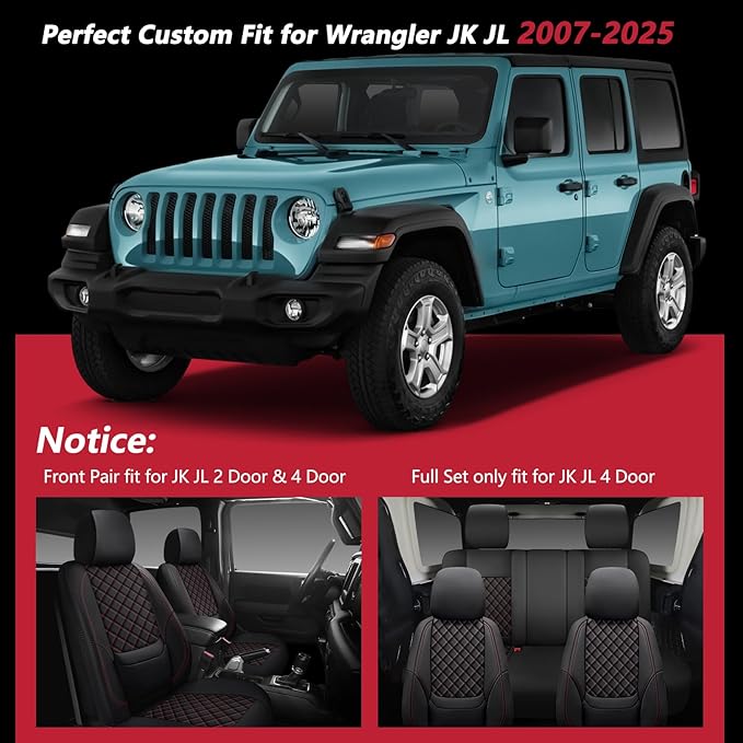 Wrangler Seat Covers 2007-2026 Front Pair, Waterproof Interior Sets with Lumbar Support Custom Fit for Jeep Wrangler JK JL 2/4 Door Unlimited Sahara/Sport/Rubicon X 392 Willys, Black Red