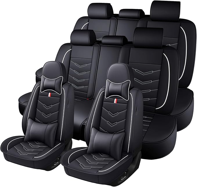 Car Seat Cover 8 Seats for Toyota Highlander 2001-2025, Waterproof Durable Premium Leather Car Seat Protector, Comfortable Anti-Slip Stylish Sport Seat Cover(8 Seats Luxury,Black White)
