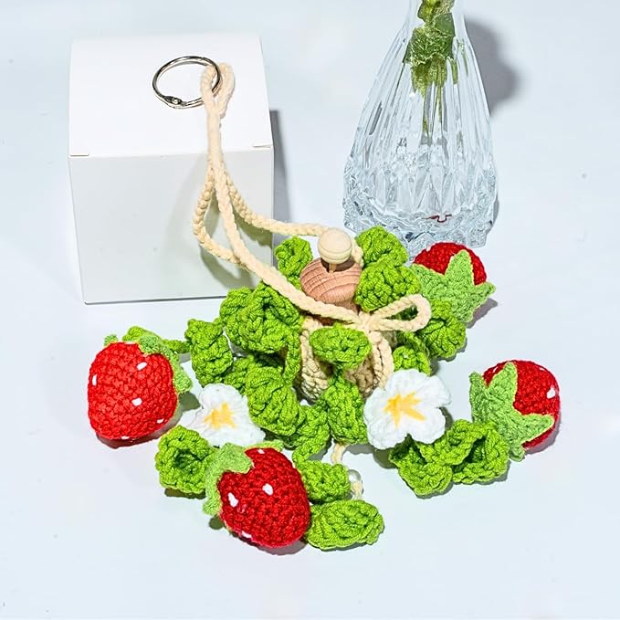 Crochet Car Air Freshener, 15ml Empty Refillable Oil Diffuser Bottle With Crochet Strawberry Hanging Plant for Car Accessories, Crochet Plant for Rear View Mirror Decor, Home and Office Decor