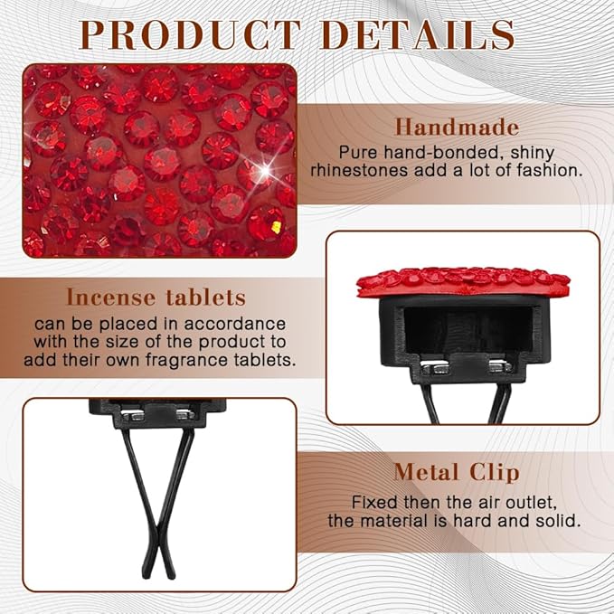 2PCS Heart-Shaped Car Vent Clip with Rhinestone, Car Vent Accessory, Bling Heart Charm Air Conditioning Outlet Clip, Auto Diffuser Air Freshener Charm for Women Girls (Red, Heart)