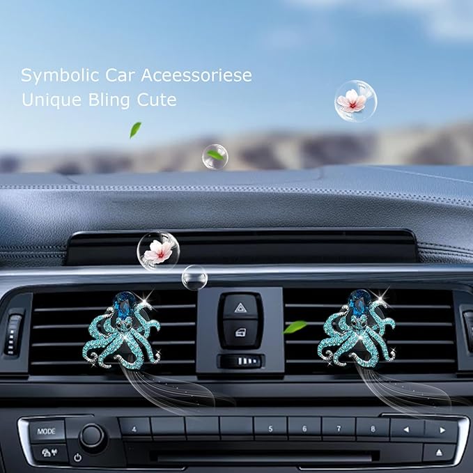 2pcs Octopus Car Vent Clips Air Freshener,Blue Car Accessories for Women,Bling Rhinestone Beach Ocean Animal Theme Car Decor,Refillable Car Diffuser