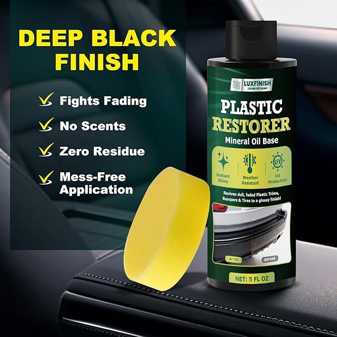 Plastic Restorer for Cars – Back to Black Plastic Restorer with UV Protection & Sponge – Long Lasting Solution Finish Black Trim Restorer for Auto Exterior, Truck, RV, Bumper – Restores Faded Trim