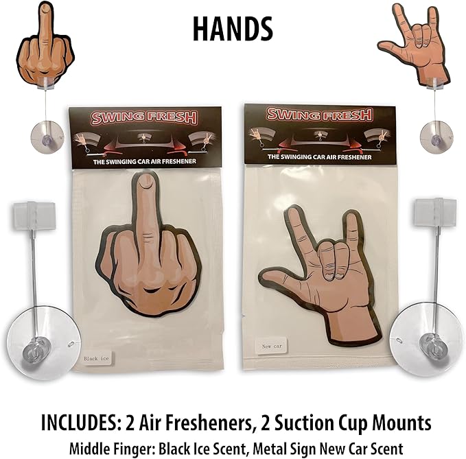 2PCS Car Air Fresheners | The Air Freshener That Swings Back And Forth | Skull & Roses, Hands Middle Finger, Heavy Metal Sign,Scents Include, New Car, Forest Fresh, Black Ice (Hands)