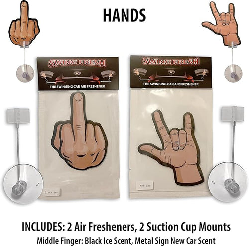 2PCS Car Air Fresheners | The Air Freshener That Swings Back And Forth | Skull & Roses, Hands Middle Finger, Heavy Metal Sign,Scents Include, New Car, Forest Fresh, Black Ice (Hands)