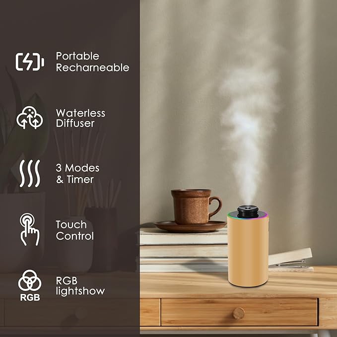 Waterless Essential Oil Diffuser with 8 Color LED Night Light, 3 Mist Levels & Timers, Portable Rechargeable Aromatherapy Diffuser for Home Car Room Studio Office, Black Metal (Gold)