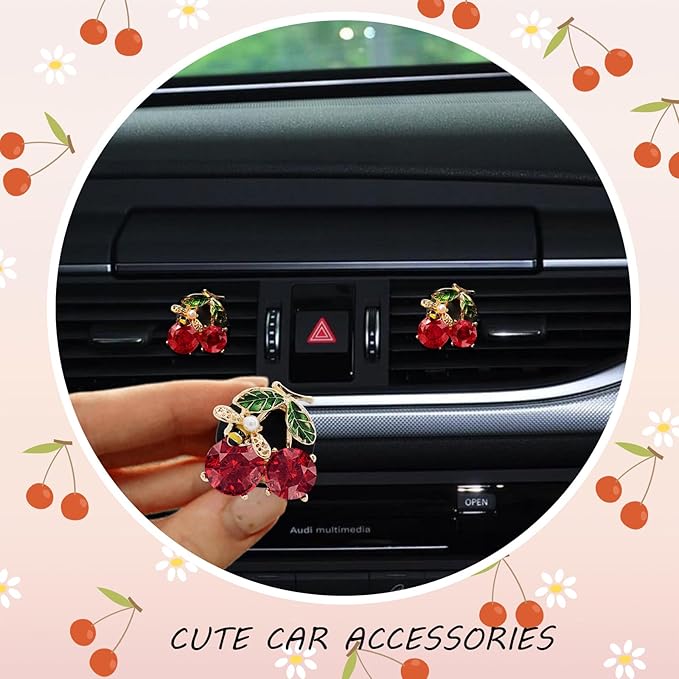 Cherry Car Decor,2pcs Bee Leaf Cherry Car Air Freshener Vent Clips,Cute Retro Sweet Themed DashBoard Decoration Accessories for Women Teens,Refillable Aroma Diffuser