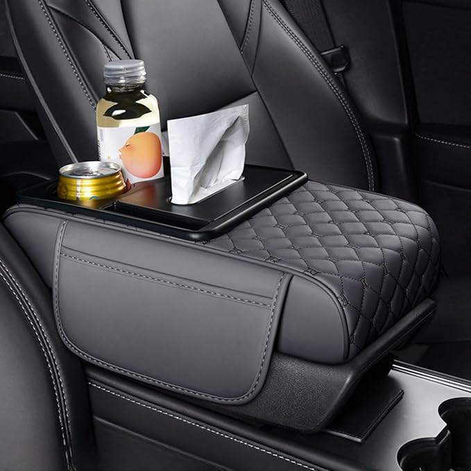 Center Console Cover Organizer, 5-In-1 Arm Rest Cover for Car with Cup Holder & Storage Pocket & Tissue Holder, Armrest Cover Cushion Pad, Grid, Grey