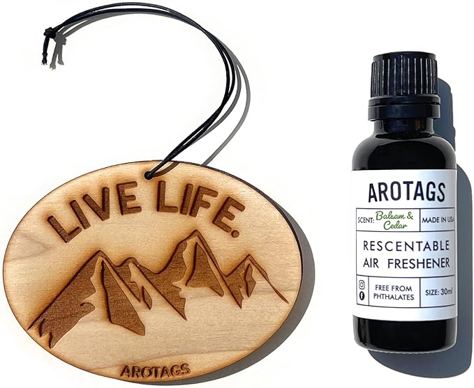 Arotags Wooden Car Air Fresheners - Long Lasting Balsam & Cedar Scent Diffuses for 365+ Days - Includes Mountain Adventurer Hanging Mirror Diffuser and Fragrance Oil - 100% American Made