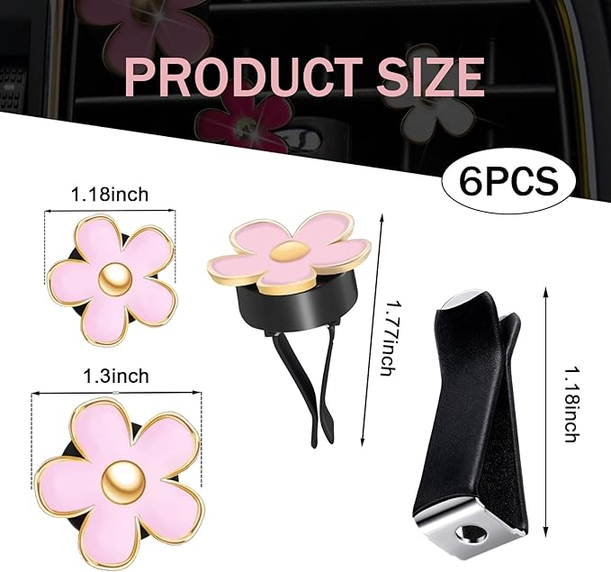6PCS Daisy Flower Air Vent Clip, Cute Car Air Fresheners Clips, Refillable Auto Air Conditioning Outlet Clips Diffuser, Pink Air Vents Decorations for Women and Girl (Pink)