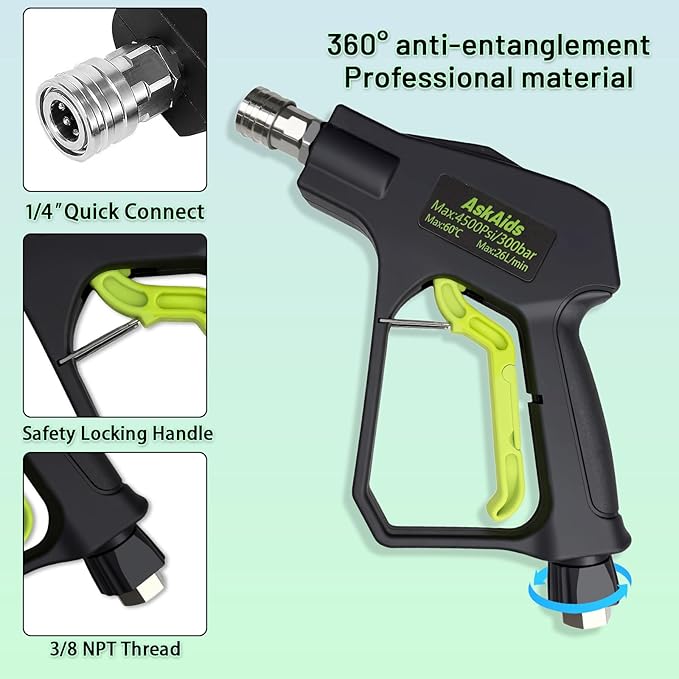 Short Pressure Washer Gun with Foam Cannon,High Pressure Wash Foam Gun with 1/4 Inch Quick Connector,5 Pressure Washer Nozzle Tip