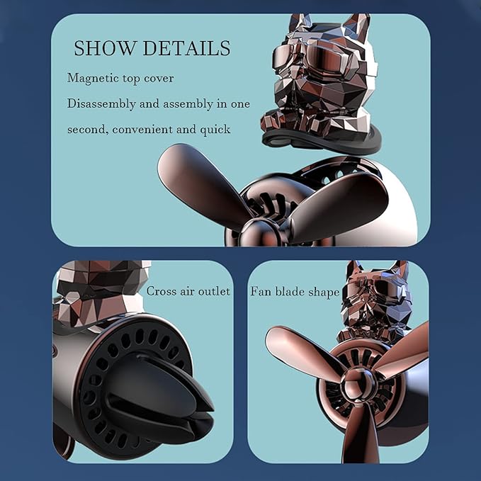 Car fragrance diffuser pilot air outlet cartoon rotating fan leaf perfume cute shape freshener with 2 fragrances (dog-black), Pack of 1 (MY-307)