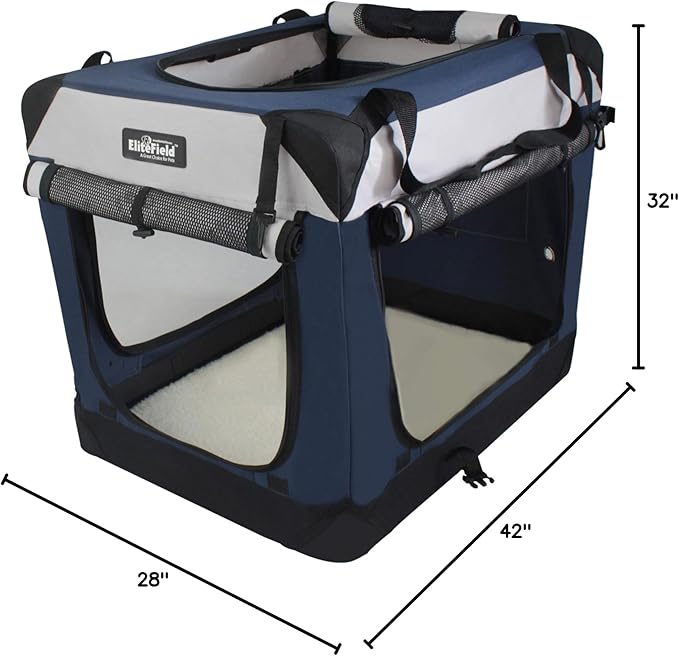 EliteField 4-Door Folding Soft Dog Crate with Curtains, Carrying Bag and Fleece Bed (2 Year Warranty), Indoor & Outdoor Pet Home (42" L x 28" W x 32" H, Navy Blue+Gray)