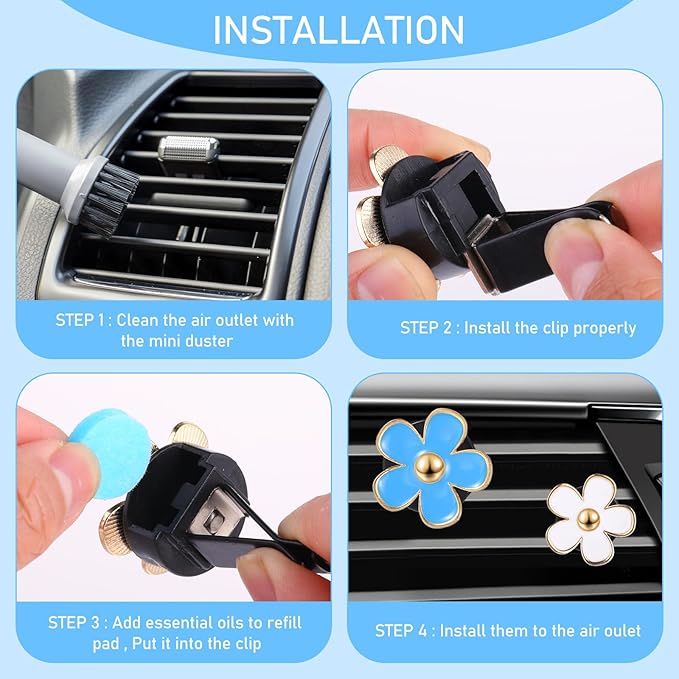 8PCS Daisy Flower Air Freshener Vent Clips - Cute Car Accessories for Women & Girls - Colorful Air Conditioning Outlet Clip - Blue, White