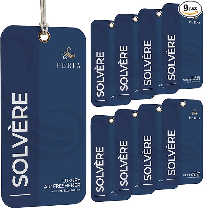 9PCS Solvère Disposable Air Fresheners for Men | Long Lasting Car Air Freshener Fragrance | Lasts for 2 Weeks | Strong Car Perfume with Odour Eliminating Technology | Solvère by Perfa