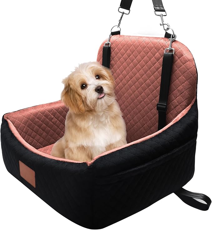 Small Dog Car Seat for Small Dogs Under 30 lbs, Memory Foam Pet Car Seat with Washable Cover, Safety Belts & Side Storage Pockets, Portable Travel Bed for SUV/Sedan (Black/Brown)