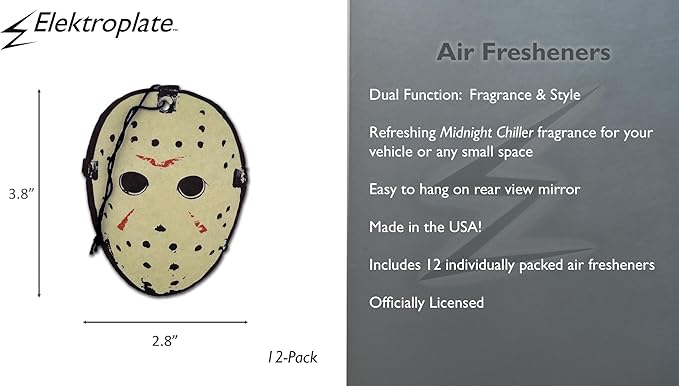 Elektroplate Officially Licensed Jason Friday the 13th Automotive Air Fresheners for Vehicles | Midnight Chiller Scent (12-Pack) | Made in the USA