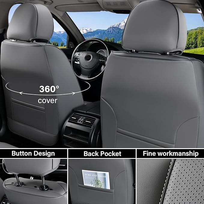 Coverado Universal Seat Covers Front, 2-Pack Universal Seat Covers for Cars, Waterproof Nappa Leather Car Seat Covers with Head Pillow, Auto Protectors Fit for Most Sedans SUV Pick-up Truck-Gray